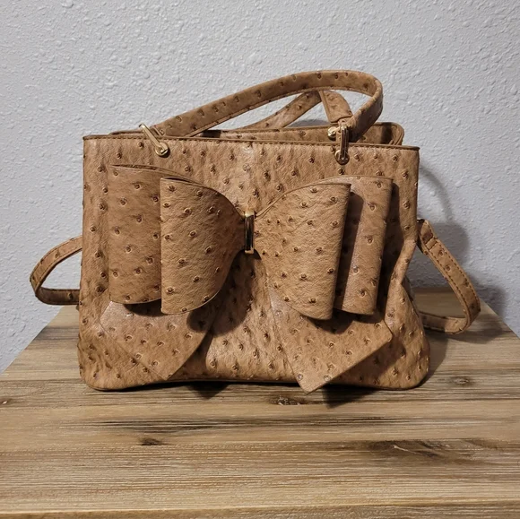 Ostrich Bow Faux Leather 3 Compartment Satchel - Camel - Picture 5 of 13